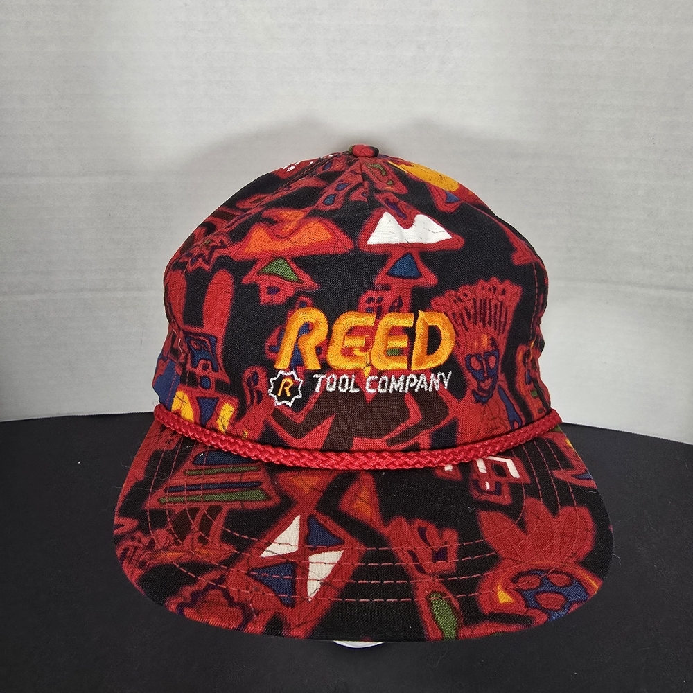 Vintage Tribal Print Reed Tool Company Hat Cap Hook Loop Buckle Red Made In USA